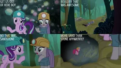 Size: 1280x720 | Tagged: safe, derpibooru import, edit, edited screencap, editor:quoterific, screencap, maud pie, pinkie pie, starlight glimmer, earth pony, pony, unicorn, rock solid friendship, season 7, :o, female, helmet, image, jpeg, mare, open mouth, text, trio