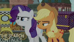 Size: 1280x720 | Tagged: safe, derpibooru import, edit, edited screencap, editor:quoterific, screencap, applejack, rarity, earth pony, pony, unicorn, made in manehattan, season 5, applejack's hat, cowboy hat, duo, female, hat, image, jpeg, mare, smiling, text