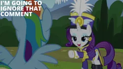 Size: 1280x720 | Tagged: safe, derpibooru import, edit, edited screencap, editor:quoterific, screencap, rainbow dash, rarity, pegasus, pony, unicorn, season 4, testing testing 1-2-3, duo, female, image, jpeg, mare, open mouth, open smile, smiling, spread wings, text, wings