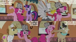 Size: 1280x720 | Tagged: safe, derpibooru import, edit, edited screencap, editor:quoterific, screencap, donut joe, gustave le grande, mulia mild, pinkie pie, twilight sparkle, donkey, earth pony, gryphon, pony, unicorn, mmmystery on the friendship express, season 2, eyes closed, female, friendship express, image, locomotive, male, mare, open mouth, open smile, pinkie being pinkie, png, smiling, spread wings, stallion, steam locomotive, text, train, unicorn twilight, wings