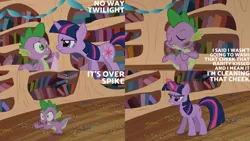 Size: 1280x720 | Tagged: safe, derpibooru import, edit, edited screencap, editor:quoterific, screencap, spike, twilight sparkle, dragon, pony, unicorn, season 2, secret of my excess, duo, eyes closed, female, golden oaks library, image, jpeg, library, magic, male, mare, open mouth, telekinesis, text, unicorn twilight