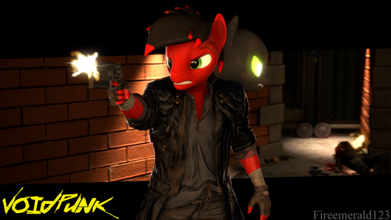 Size: 3840x2160 | Tagged: safe, artist:fireemerald123, derpibooru import, oc, oc:page feather, oc:the voice, anthro, blood, bloodletter, bloodletters (gang), brick wall, clothes, dead, gun, handgun, image, jacket, leather jacket, muzzle flash, png, revolver, rifle, void entity, voidpunk, weapon