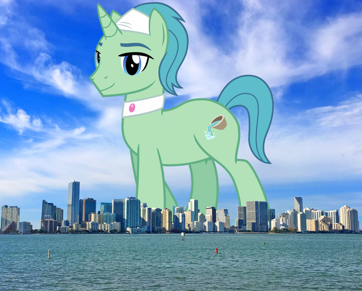 Size: 2048x1647 | Tagged: safe, artist:cheezedoodle96, artist:thegiantponyfan, derpibooru import, edit, birch bucket, pony, unicorn, florida, giant pony, giant unicorn, highrise ponies, image, irl, jpeg, macro, male, mega giant, miami, photo, ponies in real life, smiling, solo, spa pony, stallion