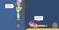 Size: 1024x527 | Tagged: safe, artist:mattjohn1992, derpibooru import, fluttershy, pinkie pie, equestria girls, asphyxiation, ball and chain, cloth gag, cute, drowning, gag, help us, image, png, scared, shyabetes, tied up, underwater, worried