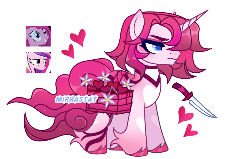 Size: 1280x889 | Tagged: safe, artist:mirrastat, derpibooru import, pinkie pie, princess cadance, oc, alicorn, earth pony, pony, unicorn, base used, dagger, eyelashes, female, frown, image, magical lesbian spawn, makeup, male, mare, offspring, parent:pinkie pie, parent:princess cadance, parents:cadancepie, pinkamena diane pie, png, saddle basket, simple background, stallion, transparent background, unshorn fetlocks, weapon