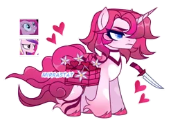 Size: 1280x889 | Tagged: safe, artist:mirrastat, derpibooru import, pinkie pie, princess cadance, oc, alicorn, earth pony, pony, unicorn, base used, dagger, eyelashes, female, frown, image, magical lesbian spawn, makeup, male, mare, offspring, parent:pinkie pie, parent:princess cadance, parents:cadancepie, pinkamena diane pie, png, saddle basket, simple background, stallion, transparent background, unshorn fetlocks, weapon