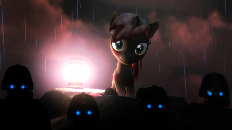 Size: 1920x1080 | Tagged: safe, artist:bwablack, derpibooru import, oc, oc:blushyblack, human, hybrid, unicorn, zony, 3d, blurry background, gmod, image, jpeg, lantern, looking at you, photoshop, rain, sitting, sky, soldiers, wet, wet mane