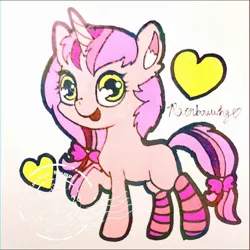 Size: 1280x1280 | Tagged: safe, artist:rainbowwing, derpibooru import, oc, oc:lil' seven, unofficial characters only, pony, unicorn, bow, clothes, ear fluff, female, filly, foal, hair bow, horn, image, jpeg, offspring, open mouth, raised hoof, simple background, socks, solo, tail, tail bow, traditional art, unicorn oc, white background