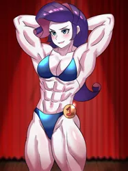 Size: 800x1067 | Tagged: suggestive, artist:tzc, derpibooru import, rarity, equestria girls, abs, belly button, bikini, blushing, bodybuilder, buff, clothes, commission, curtains, eyeshadow, female, image, jpeg, makeup, medal, muscles, muscular female, open mouth, ribbon, ripped rarity, solo, solo female, swimsuit