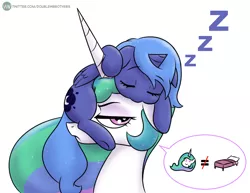 Size: 1075x832 | Tagged: safe, artist:doublewbrothers, derpibooru import, princess celestia, princess luna, alicorn, pony, bed, cute, female, filly, filly luna, foal, image, jpeg, lunabetes, onomatopoeia, s1 luna, simple background, sleeping, sound effects, white background, woona, younger, zzz