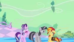 Size: 1920x1080 | Tagged: safe, artist:tardifice, artist:wardex101, derpibooru import, starlight glimmer, sunset shimmer, twilight sparkle, alicorn, pony, unicorn, bad end, chaos, discorded, discorded landscape, discorded twilight, floating island, green sky, image, png, sad, scenery, story included, text, twilight tragedy