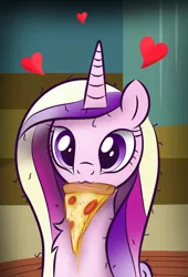 Size: 818x1200 | Tagged: safe, artist:pizzamovies, derpibooru import, princess cadance, alicorn, pony, canterlot wedding 10th anniversary, chest fluff, female, floating heart, food, heart, image, looking at you, meat, messy mane, peetzer, pepperoni, pepperoni pizza, pizza, png, solo