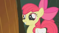 Size: 1280x720 | Tagged: safe, derpibooru import, screencap, apple bloom, earth pony, pony, bridle gossip, season 1, adorabloom, apple bloom's bow, bow, cute, dilated pupils, female, filly, foal, grin, hair bow, happy, image, png, smiling, solo