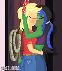 Size: 1340x1532 | Tagged: suggestive, artist:cyber-murph, derpibooru import, applejack, oc, oc:lightning voice, equestria girls, ass, barn, blushing, butt, butt grab, butt touch, canon x oc, clothes, freckles, glasses, grope, image, jeans, kissing, making out, midriff, pants, png, ponytail, tube top