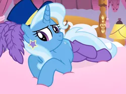 Size: 1442x1080 | Tagged: safe, artist:grapefruit-face, derpibooru import, trixie, pony, unicorn, base used, bed, bedroom eyes, clothes, gameloft interpretation, hat, image, lidded eyes, looking at you, png, seductive pose, socks, solo, sultry pose