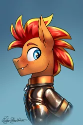 Size: 2000x3000 | Tagged: safe, artist:jedayskayvoker, derpibooru import, oc, oc:fireheart(fire), hybrid, pony, bust, clothes, collar, ear fluff, eyebrows, fangs, icon, image, latex, latex suit, male, patreon, patreon reward, png, portrait, shiny, solo, stallion