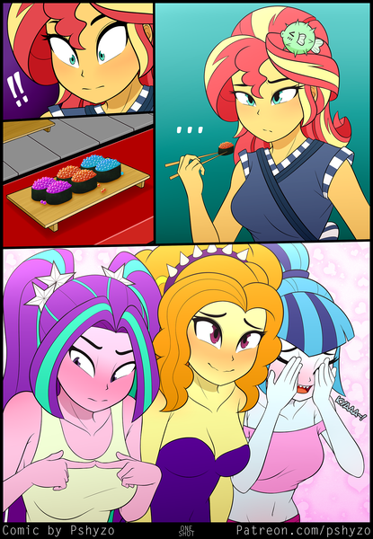 Size: 1485x2145 | Tagged: suggestive, artist:pshyzomancer, derpibooru import, adagio dazzle, aria blaze, sonata dusk, sunset shimmer, human, equestria girls, ..., blushing, chopsticks, comic, covering face, egg, food, image, png, sharp teeth, sunset sushi, sushi, teeth, the dazzlings