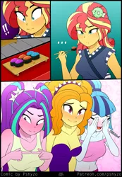 Size: 1485x2145 | Tagged: suggestive, artist:pshyzomancer, derpibooru import, adagio dazzle, aria blaze, sonata dusk, sunset shimmer, human, equestria girls, ..., blushing, chopsticks, comic, covering face, egg, food, image, png, sharp teeth, sunset sushi, sushi, teeth, the dazzlings