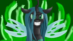 Size: 1920x1080 | Tagged: safe, artist:jbond, derpibooru import, queen chrysalis, changeling, angry, canterlot wedding 10th anniversary, grin, image, png, smiling, solo