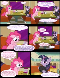 Size: 1042x1358 | Tagged: safe, artist:dendoctor, derpibooru import, mean twilight sparkle, pinkie pie, twilight sparkle, twilight sparkle (alicorn), alicorn, earth pony, pony, comic:clone.., alternate universe, clone, clothes, comic, crying, diner, female, food, fork, image, jpeg, pancakes, pepper, pinkie clone, plate, salt, taffy