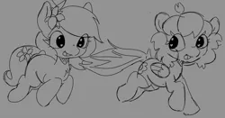 Size: 1558x814 | Tagged: safe, artist:mushy, derpibooru import, oc, oc:kayla, oc:pea, earth pony, pegasus, pony, clothes, female, filly, foal, image, monochrome, photo, png, running, socks, wholesome