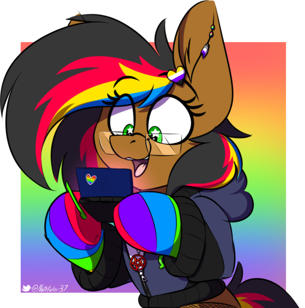 Size: 899x907 | Tagged: safe, artist:notetaker, derpibooru import, oc, oc:notetaker, unofficial characters only, earth pony, pony, semi-anthro, clothes, colorful, fishnets, glasses, image, jacket, jewelry, necklace, nintendo ds, nonbinary, nonbinary pride flag, pentagram, piercing, pins, png, pride, pride flag, simple background, socks, solo, sticker, stylus
