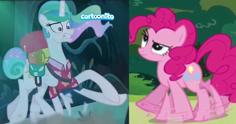 Size: 2048x1077 | Tagged: safe, derpibooru import, edit, edited screencap, screencap, pinkie pie, princess celestia, alicorn, earth pony, pony, between dark and dawn, swarm of the century, alternate hairstyle, animation error, barehoof, cartoonito logo, clothes, coincidence i think not, comparison, curly mane, flowing mane, hawaiian shirt, image, jpeg, legs, mistake, scaredlestia, shirt, tail, tail bun