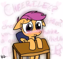Size: 800x750 | Tagged: safe, artist:fkandfriends, derpibooru import, scootaloo, pegasus, pony, blushing, chair, crying, female, filly, floppy ears, foal, heart, heart background, image, implied cheerilee, implied cheeriloo, love me cheerilee, mare, nervous, png, table, text, wings
