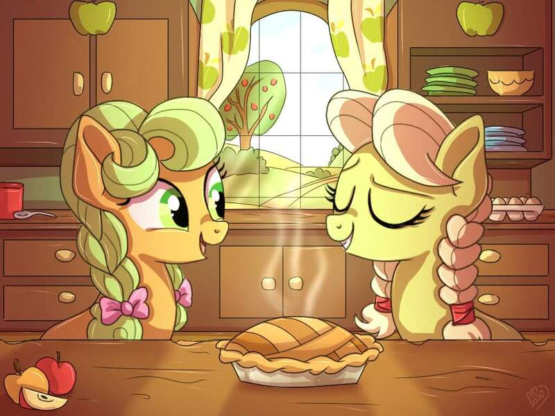 Size: 1024x768 | Tagged: source needed, safe, artist:golden bloom, derpibooru import, goldie delicious, granny smith, earth pony, pony, apple, braid, female, food, image, jpeg, kitchen, pie, window, young goldie delicious, young granny smith, younger