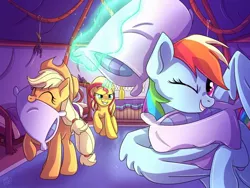 Size: 1024x768 | Tagged: source needed, safe, artist:golden bloom, derpibooru import, applejack, rainbow dash, sunset shimmer, ponified, earth pony, pegasus, pony, unicorn, image, jpeg, pillow, pillow fight, scene interpretation, screenshot redraw