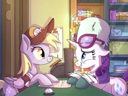 Size: 1024x768 | Tagged: source needed, safe, artist:golden bloom, derpibooru import, derpy hooves, rarity, pegasus, pony, unicorn, best gift ever, bell, cash register, duo, glasses, hat, image, jpeg, post office, scene interpretation, screenshot redraw