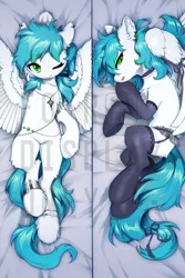 Size: 1365x2048 | Tagged: safe, alternate version, artist:swaybat, derpibooru import, oc, oc:cynosura, unofficial characters only, pegasus, body pillow, body pillow design, bracelet, clothes, ear piercing, earring, garter belt, hairpin, image, jewelry, jpeg, lying down, necklace, piercing, ribbon, socks, solo, thigh highs, watermark