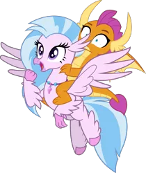 Size: 2945x3501 | Tagged: safe, artist:frownfactory, derpibooru import, silverstream, smolder, dragon, hippogriff, dragoness, female, flying, horns, image, jewelry, necklace, open mouth, png, riding, simple background, transparent background, vector, wings