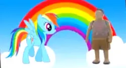 Size: 298x162 | Tagged: safe, artist:collegehumor, derpibooru import, rainbow dash, human, pegasus, pony, brony, brony stereotype, cloud, collegehumor, female, image, irl, jpeg, male, mare, multicolored hair, my little x, parody, photo, photoshop, rainbow, rainbow hair, sky, toy, youtube link