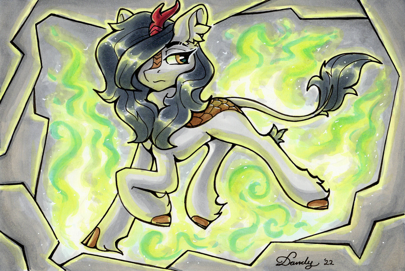 Size: 2680x1791 | Tagged: safe, artist:dandy, derpibooru import, oc, unofficial characters only, kirin, cloven hooves, ear fluff, fire, green fire, image, kirin oc, png, raffle prize, signature, solo, traditional art, unshorn fetlocks