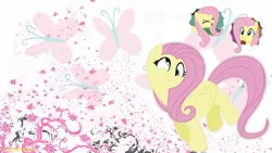 Size: 800x450 | Tagged: safe, artist:thebaffman, derpibooru import, fluttershy, butterfly, insect, pegasus, pony, cutie mark, cutie mark background, derp, eyes closed, female, image, jpeg, mare, puffy cheeks, smiling, wallpaper, wings, yay