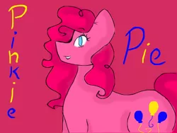 Size: 800x600 | Tagged: safe, artist:rainbow-neko-chan, derpibooru import, pinkie pie, earth pony, pony, female, image, looking at you, mare, pink background, png, simple background, smiling, text