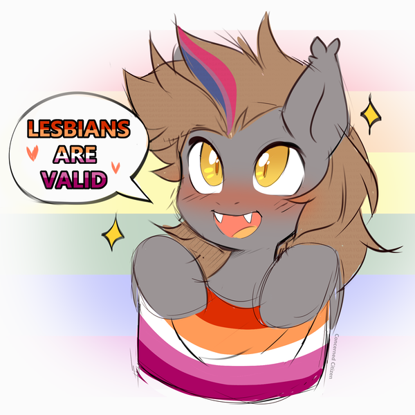 Size: 1880x1880 | Tagged: safe, artist:concerned citizen, derpibooru import, oc, oc:devin, unofficial characters only, bat pony, bisexual pride flag, bisexuality, blushing, cute, fangs, flag, gay pride, gay pride flag, gradient background, image, lesbian pride flag, png, pride, pride flag, revenge, signature, thegraybatpony, watermark