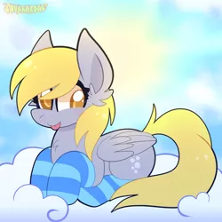 Size: 2000x2000 | Tagged: safe, artist:saveraedae, derpibooru import, derpy hooves, pegasus, pony, :p, clothes, cloud, cute, derpabetes, female, image, looking at you, mare, on a cloud, png, socks, solo, tongue out
