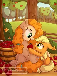 Size: 768x1024 | Tagged: source needed, safe, artist:golden bloom, derpibooru import, applejack, pear butter, earth pony, pony, apple, cute, duo, female, filly, filly applejack, floppy ears, food, image, jackabetes, jpeg, looking at each other, looking at someone, mother and child, mother and daughter, open mouth, open smile, pearabetes, smiling, smiling at each other, underhoof, younger
