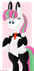 Size: 1943x4032 | Tagged: safe, artist:rainbowšpekgs, derpibooru import, blossomforth, pegasus, pony, adoraforth, adorasexy, belly, belly button, bipedal, blushing, bunny ears, bunny suit, chubby, clothes, cute, embarrassed, female, image, mare, png, reverse bunny suit, scrunchy face, sexy, simple background, socks, solo, solo female, standing