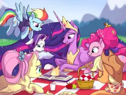 Size: 1024x768 | Tagged: safe, artist:golden bloom, applejack, fluttershy, pinkie pie, rainbow dash, rarity, twilight sparkle, alicorn, earth pony, pony, unicorn, image, jpeg, mane six