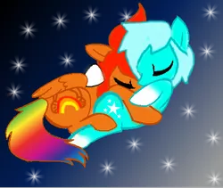 Size: 439x371 | Tagged: safe, artist:rainbow-neko-chan, derpibooru import, oc, oc:blank hooves, oc:rainbow neko, unofficial characters only, earth pony, pegasus, pony, colt, eyes closed, female, foal, hug, image, male, mare, png, sleeping, stallion, starry background, stars, wings