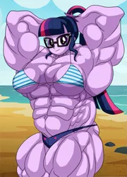 Size: 733x1018 | Tagged: suggestive, artist:atariboy2600, derpibooru import, sci-twi, twilight sparkle, equestria girls, equestria girls series, abs, arm behind head, beach, bikini, breasts, buff breasts, busty sci-twi, clothes, female, image, looking at you, muscles, muscular female, overdeveloped muscles, png, sci-twi muscle, swimsuit, twilight muscle