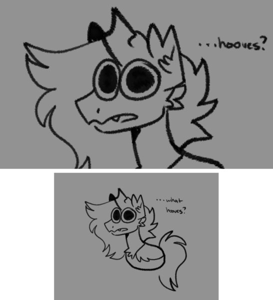 Size: 959x1052 | Tagged: safe, artist:rockin_candies, derpibooru import, oc, oc:red, unofficial characters only, changeling, 2 panel comic, comic, confused, dialogue, dilated pupils, fangs, grayscale, hooves debate, image, limbless, looking at you, male, monochrome, open mouth, png, solo