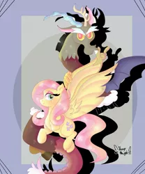 Size: 1080x1296 | Tagged: safe, artist:mapple_cake1, derpibooru import, discord, fluttershy, draconequus, pegasus, pony, abstract background, duo, duo male and female, female, flying, hybrid wings, image, jpeg, looking at you, male, mare, pretty, signature, spread wings, wings