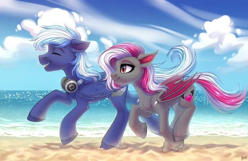 Size: 4000x2600 | Tagged: safe, artist:hakaina, derpibooru import, oc, oc:miabat, oc:moonlight drop, unofficial characters only, bat pony, pegasus, beach, headphones, image, jpeg, running, sky, smiling