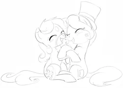 Size: 1068x770 | Tagged: safe, artist:dotkwa, derpibooru import, oc, oc:deary dots, oc:hattsy, earth pony, pony, black and white, duo, eyes closed, female, grayscale, hat, hug, image, mare, monochrome, open mouth, open smile, png, simple background, sitting, sketch, smiling, top hat, white background