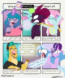 Size: 1715x2045 | Tagged: safe, artist:brogararts, derpibooru import, hitch trailblazer, izzy moonbow, kerfuffle, starlight glimmer, tempest shadow, trixie, earth pony, pegasus, pony, unicorn, six fanarts, my little pony: the movie, rainbow roadtrip, ball, beard, big eyes, eyes closed, facial hair, g5, glasses, glitter, glow, glowing horn, headphones, hitchiplier, holding a pony, horn, horn impalement, image, implied five nights at freddy's, jpeg, magic, markiplier, moustache, open mouth, scared, telekinesis, tennis ball