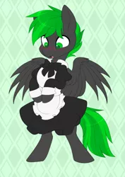 Size: 2019x2854 | Tagged: safe, artist:scarlet-spectrum, derpibooru import, oc, oc:bytewave, unofficial characters only, pegasus, pony, abstract background, bipedal, blushing, clothes, image, maid, male, pegasus oc, png, spread wings, stallion, wings
